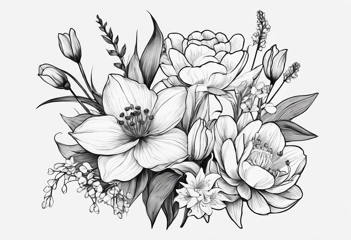 A mid sized line work bouquet of flowers with a water lily, gladiolus, poppy, lily of the valley, daffodil, and a honey suckle. With long stems and tied with a bow tattoo idea