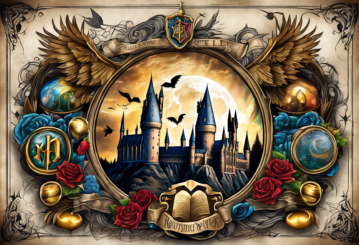 Harry Potter themed full sleeve. Include the Hogwarts castle, a golden snitch, the flying ford angler, the Ravenclaw house crest, and Luna Lovegood. tattoo idea