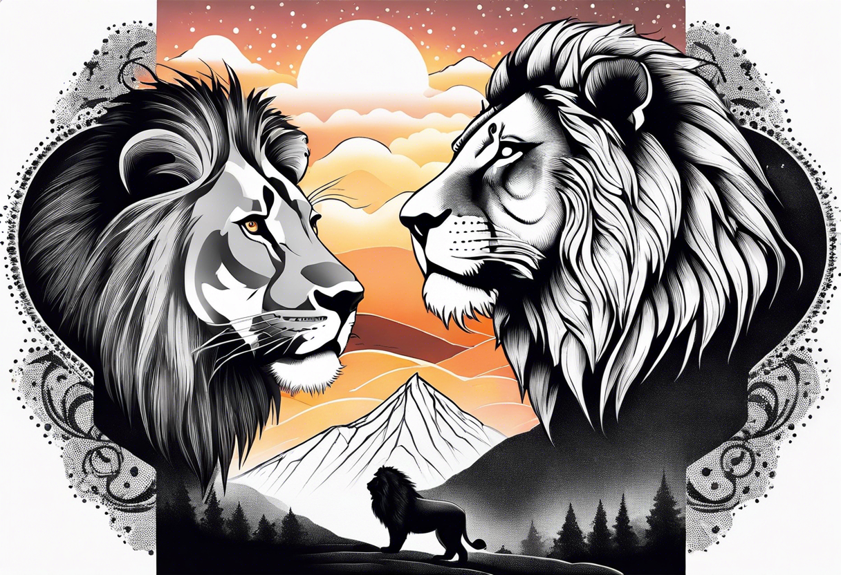 Tattoo in the shape of a lion head with a father and son in the mountains with  a waterfall and cross in the background and a sunset inside of it tattoo idea