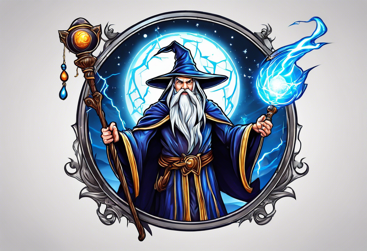 Wizard controlling lightning with a staff with blue arc ball tattoo idea