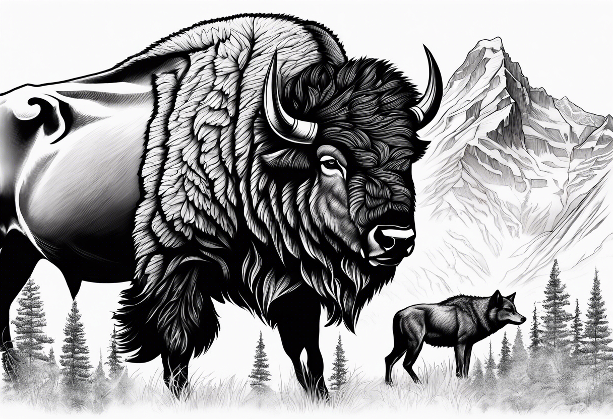 Mountains cowboy bison wolf tattoo idea