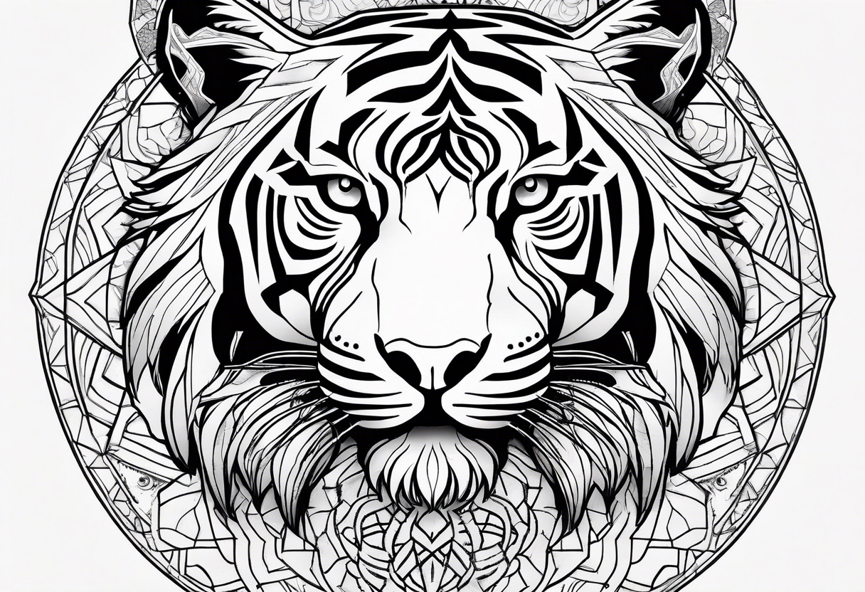 Tiger silhouette with sacred geometry and shapes. Tree of Life growing through the tiger tattoo idea