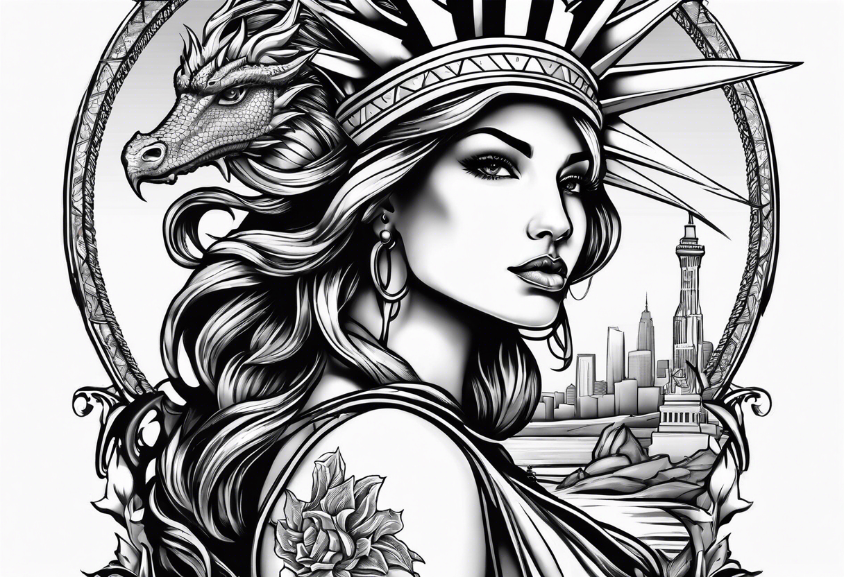 Hot girl as Statue of Liberty with dragon protecting her tattoo idea