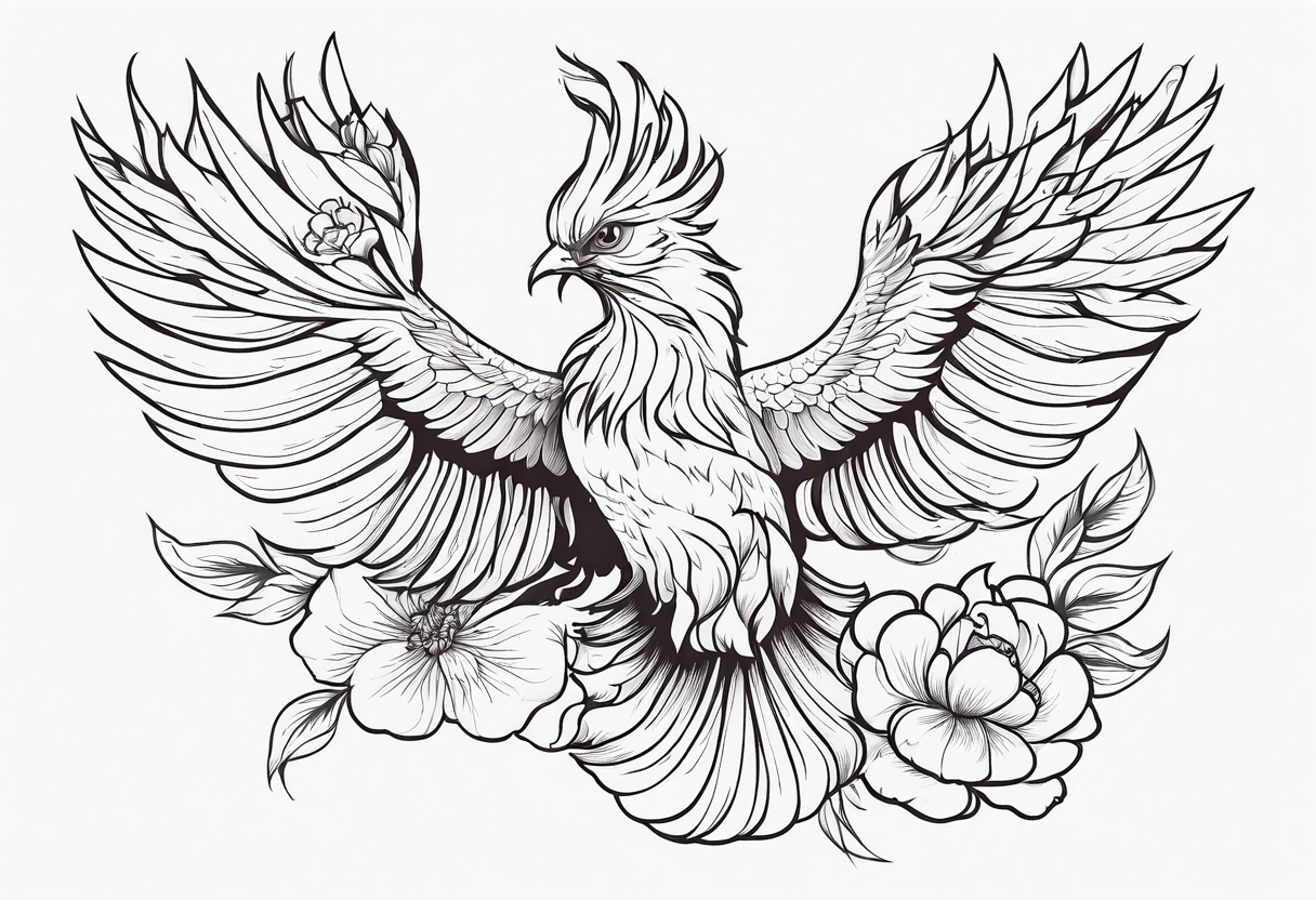 minimalist pheonix in flight with peonies in claws tattoo idea