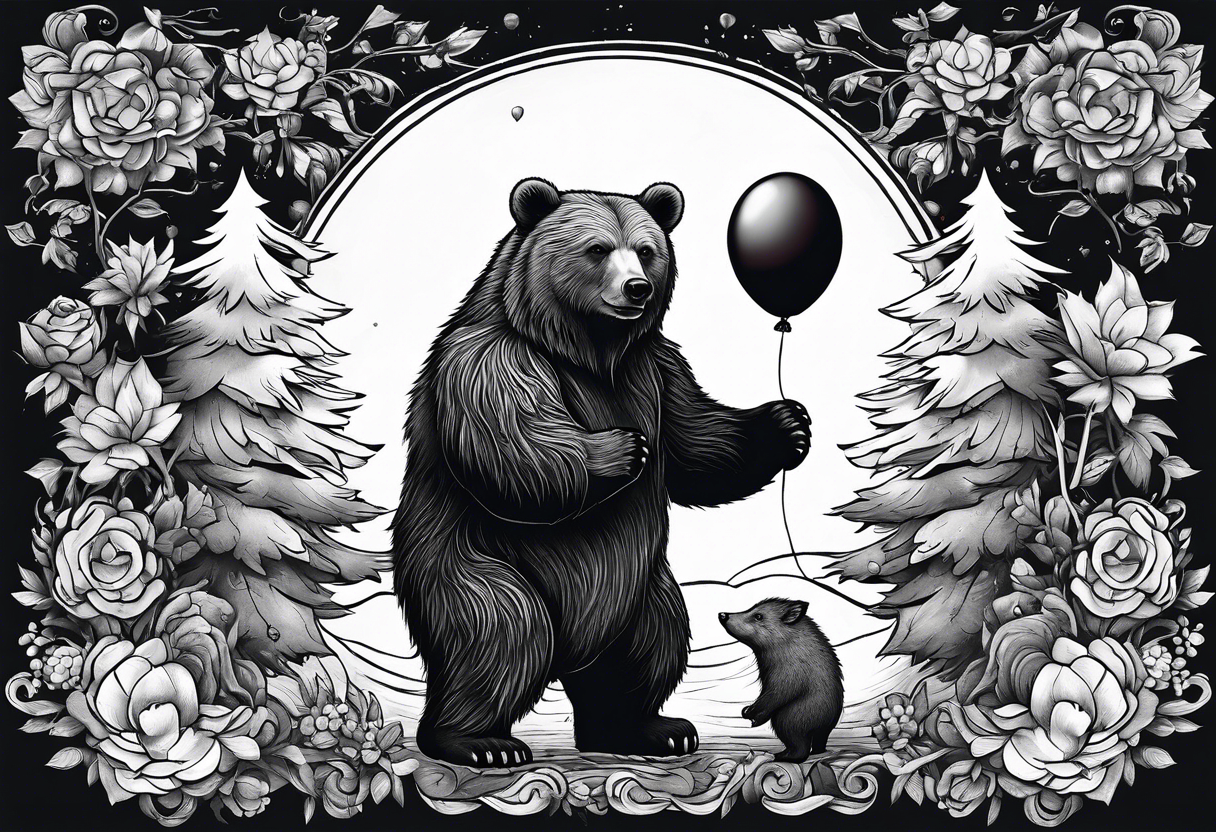 a big growling bear and a tiny hedgehog that stands hand has a balloon is his hands
 together. tattoo idea