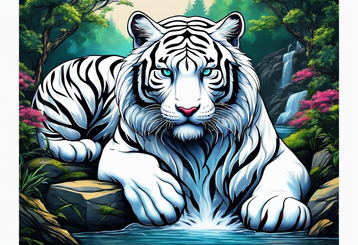 Two white tigers in nature separated by a waterfall tattoo idea