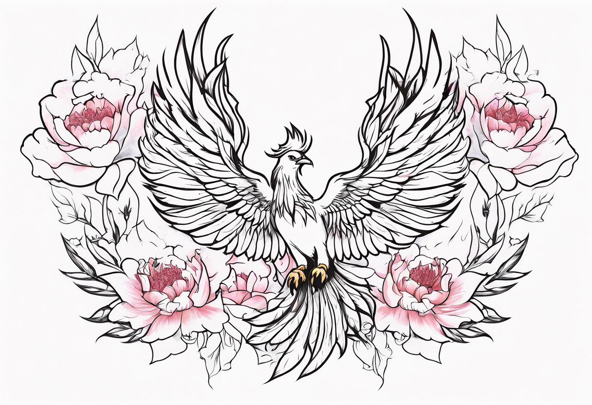 minimalist pheonix in flight with peonies in claws tattoo idea