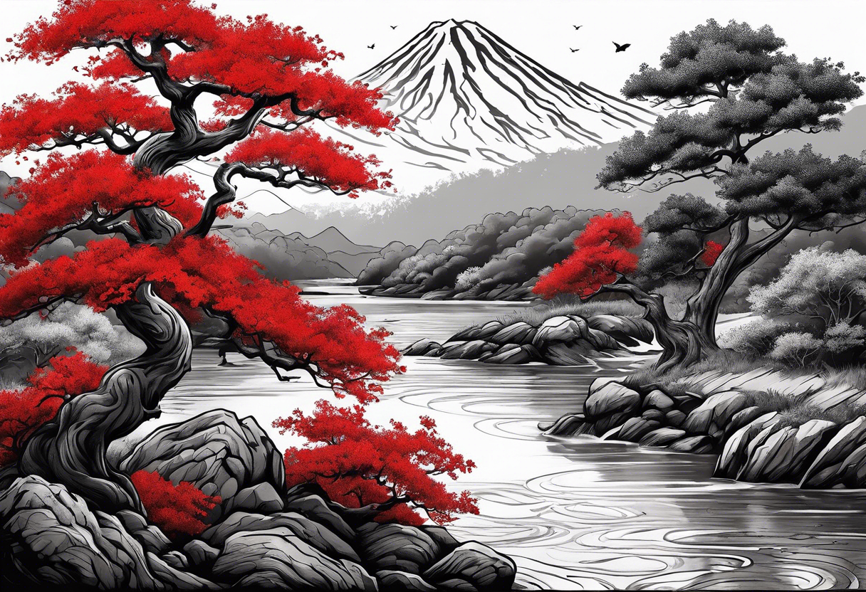 Create an upper arm tattoo of a Red japanese oak tree next to a river with a tiger sitting next to it tattoo idea