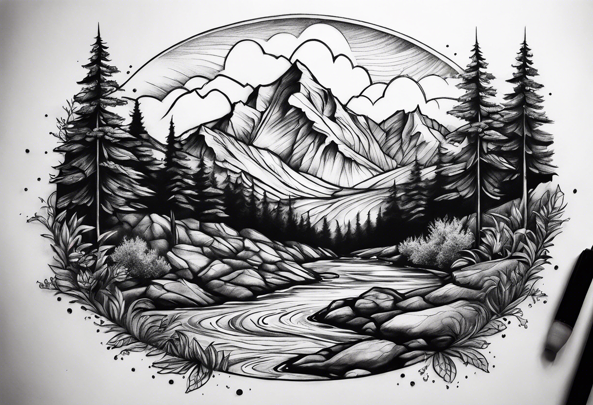 mountains, stream and nature tattoo idea
