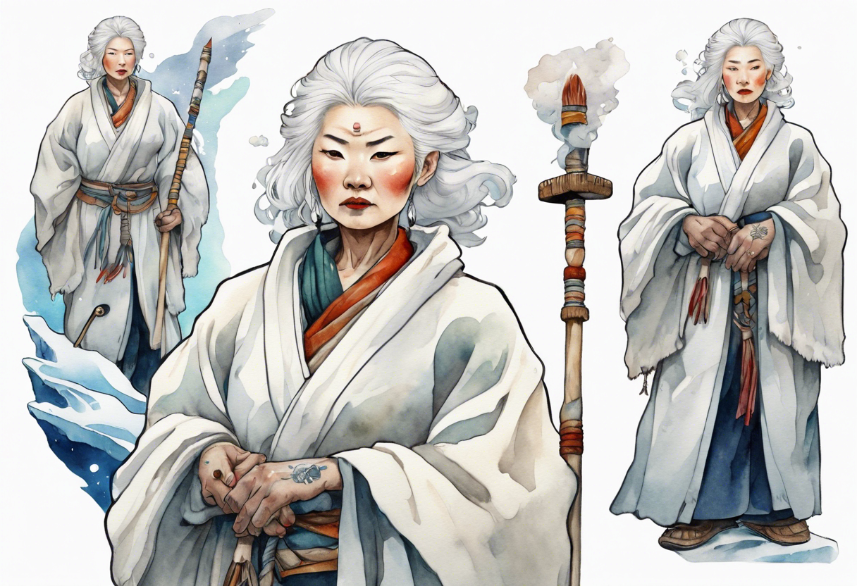 a 40 year old Sami woman with white hair and a white robe holding a white staff, standing on an iceberg tattoo idea