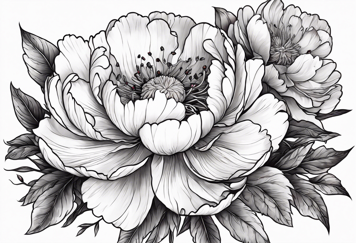 Red peony with a tiny rabbit on a petal tattoo idea