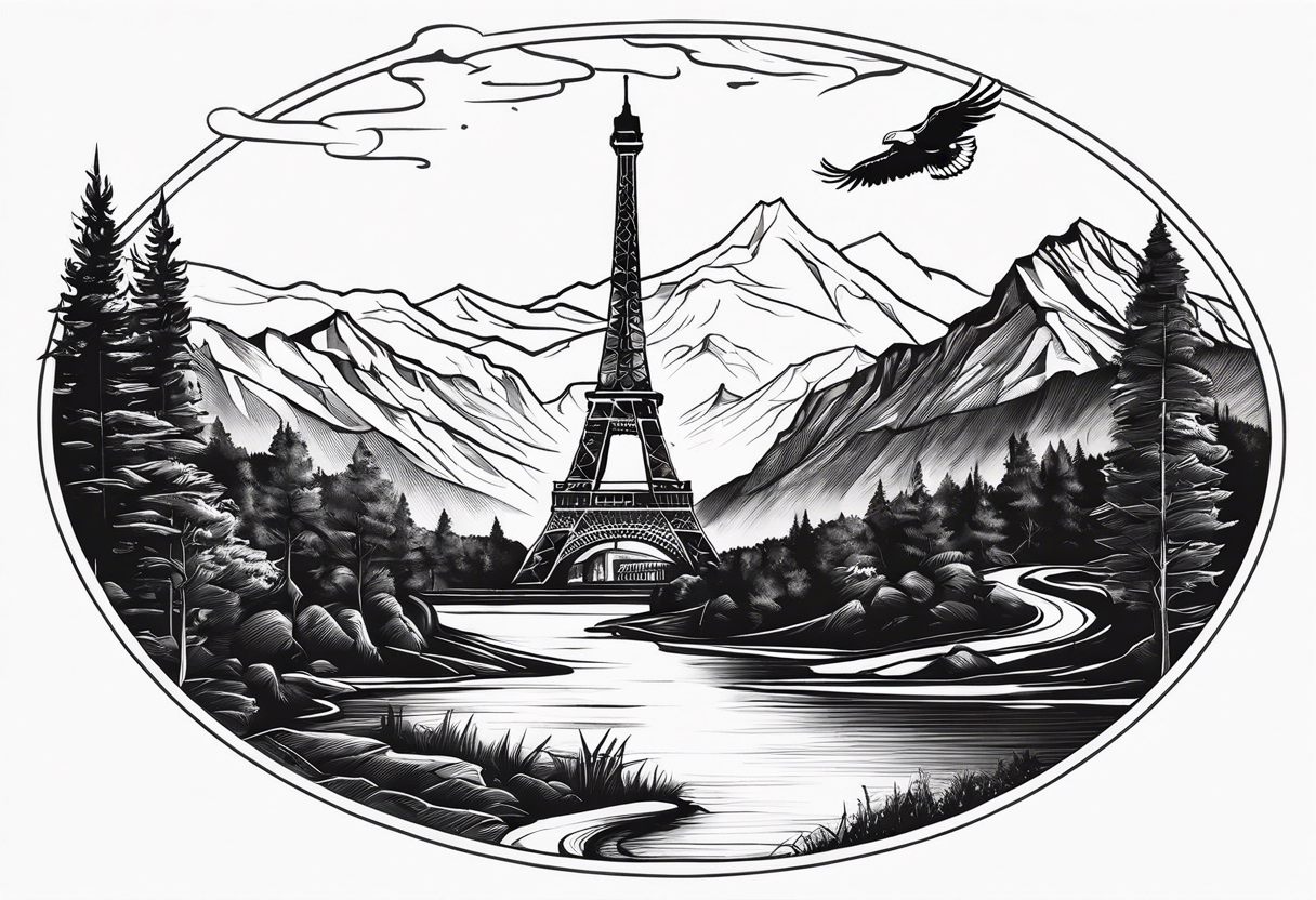 a river flowing beneath eagle's nest next to the eiffel tower next to a mountain chain tattoo idea