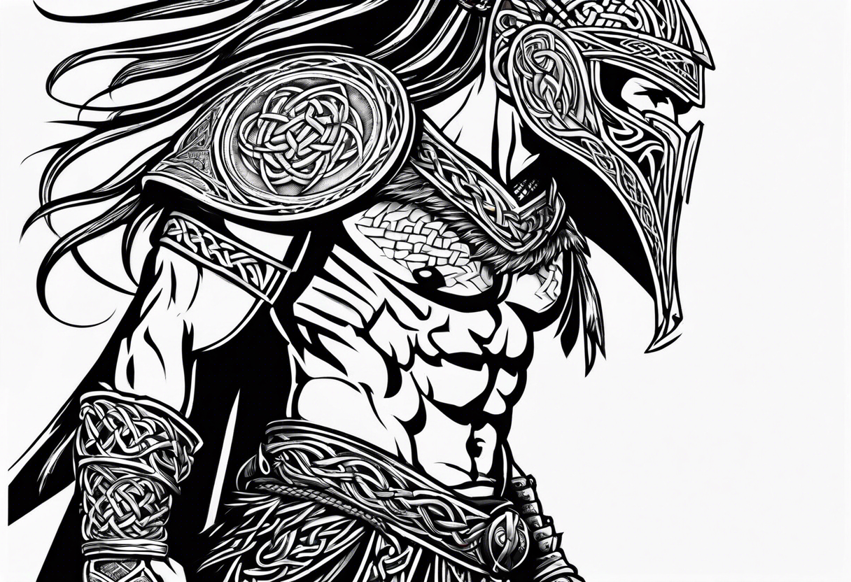 Side profile, full body of Celtic warrior with weapons unsheathed tattoo idea