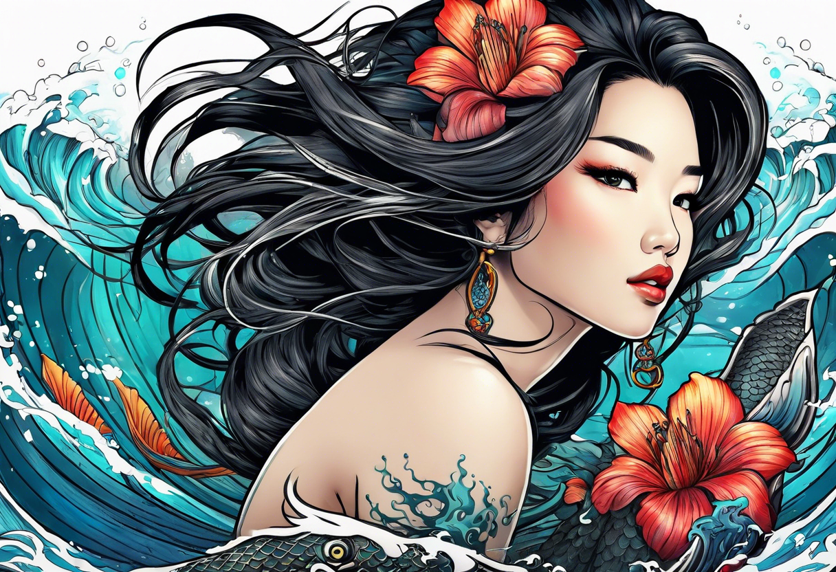 Asian mermaid with long black hair picks through shipwreck tattoo idea