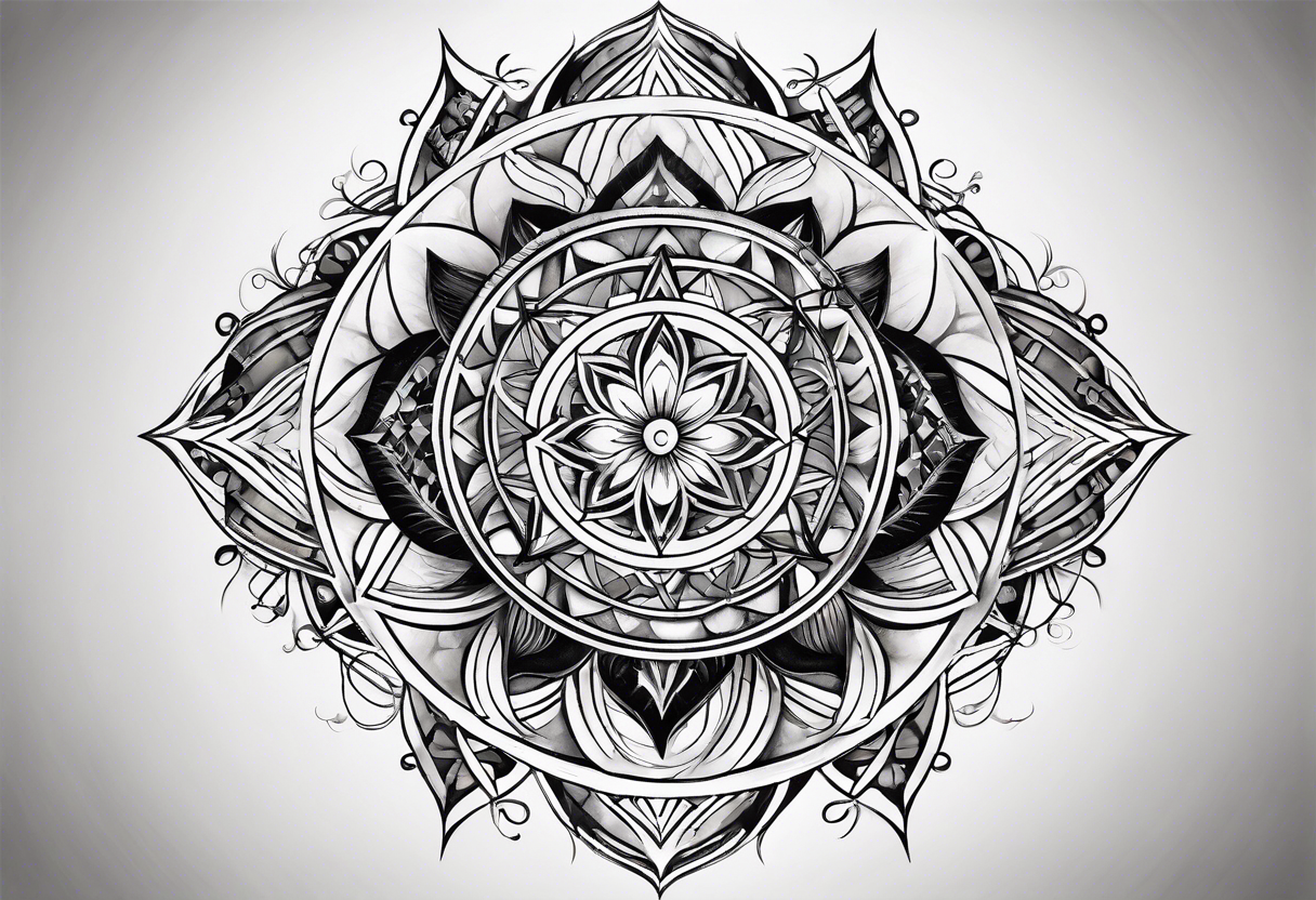 front knee tattoo with sacred geometry, swirls & washes, background washes tattoo idea