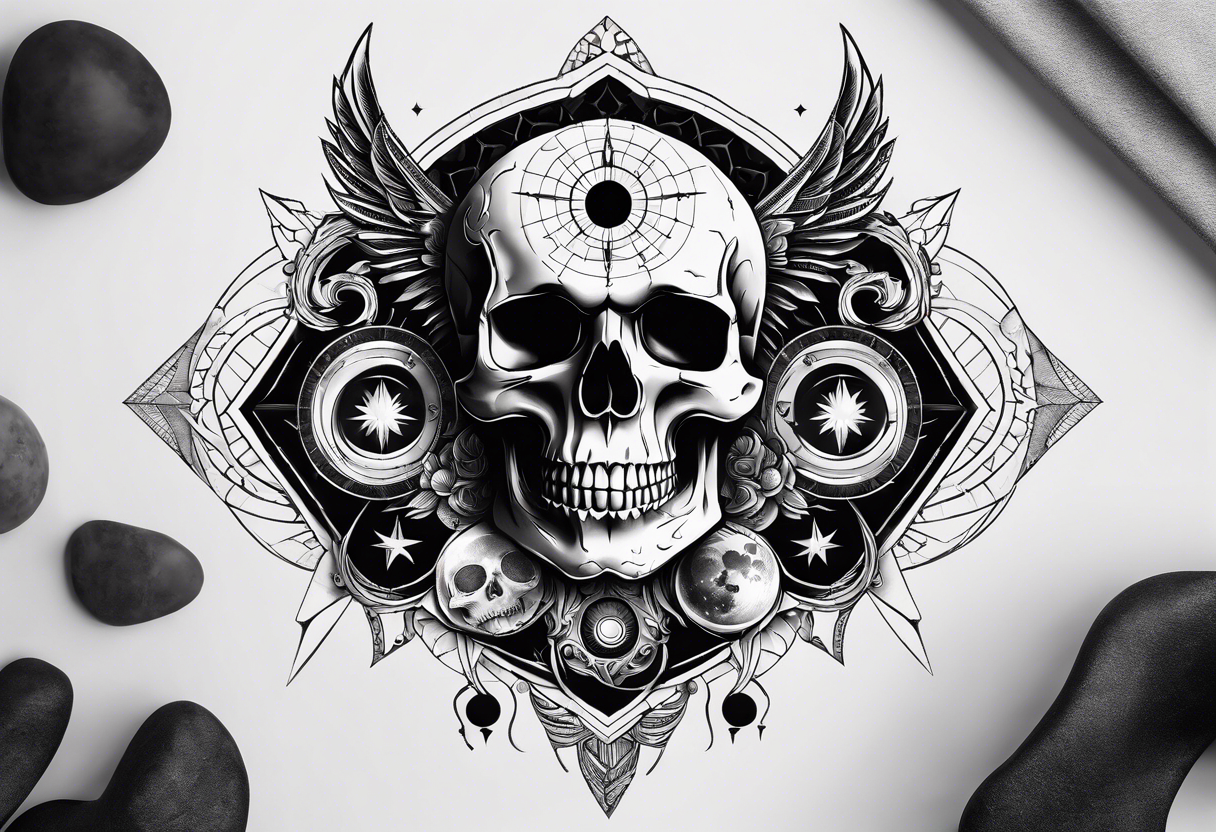 Simple Skull with third eye and dagger through it with the phases of the moon at the bottom endless spiral tattoo idea