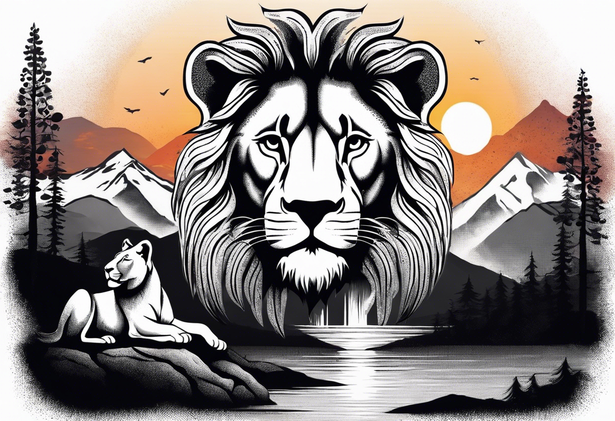 Tattoo in the shape of a lion head with a father and son in the mountains with  a waterfall and cross in the background and a sunset inside of it tattoo idea