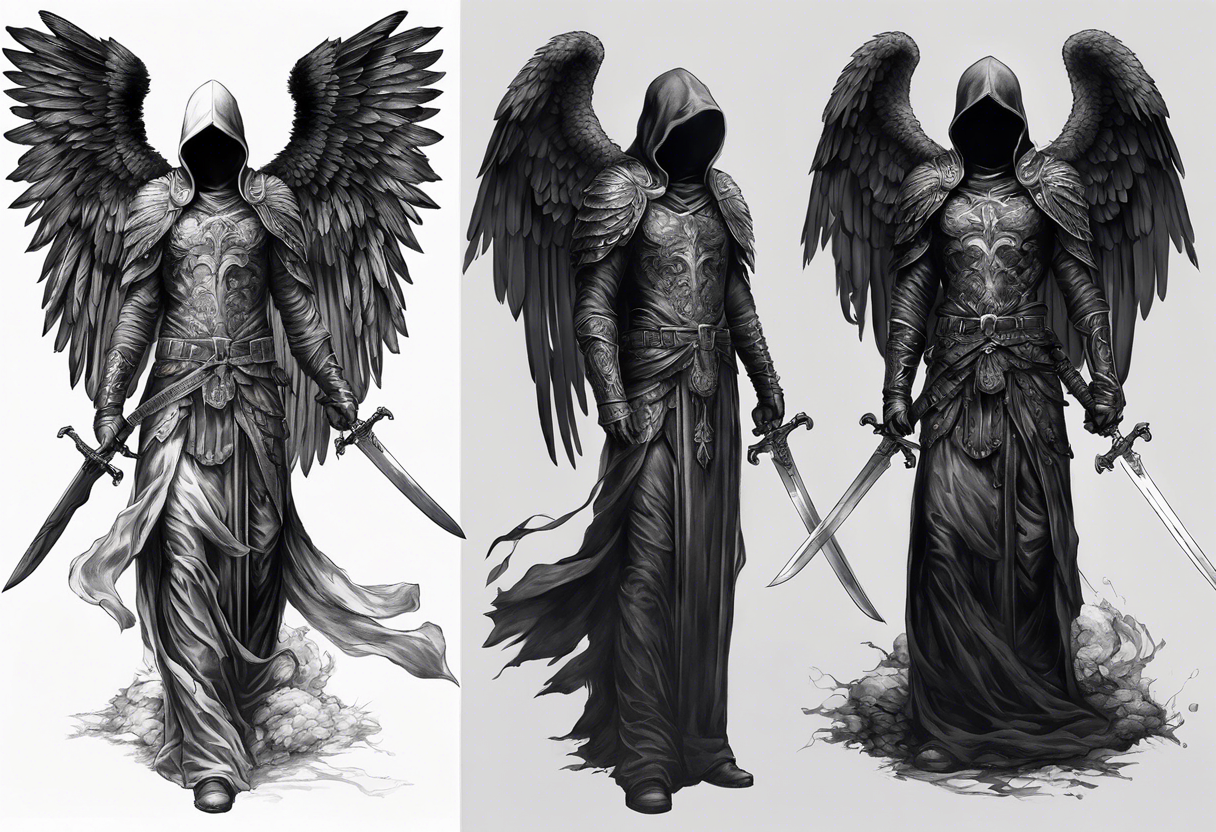 realistic full body of black angel of death, no face, face is not visible, with wings holding only one sword in both hands, the edge of the sword is killing the skull tattoo idea