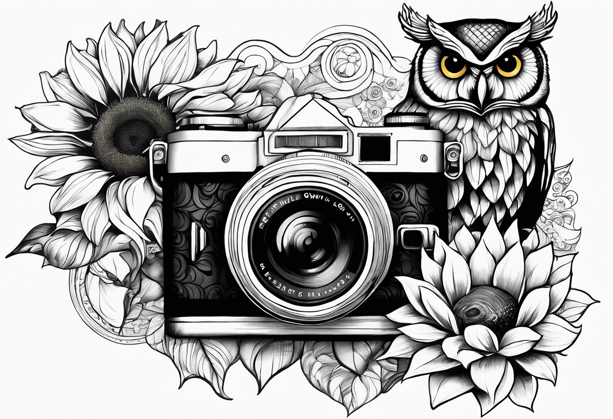 sunflower, camera, water wave, owl, book tattoo idea