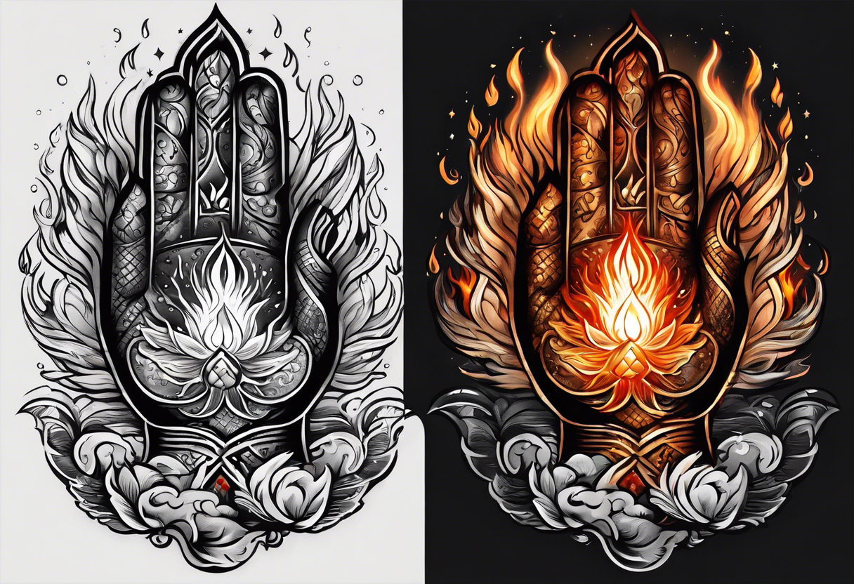 Enhance the traditional praying hands motif by adding elements like flames, water, or celestial bodies to represent the divine presence tattoo idea