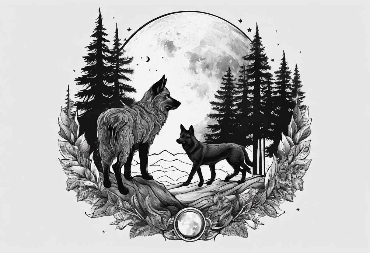 Lupo nella foresta con luna piena tattoo idea