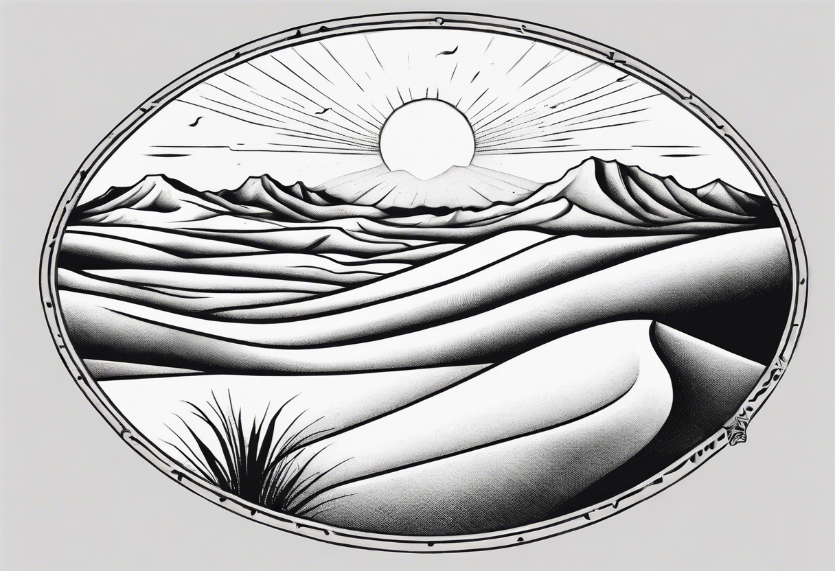 "Design a tattoo depicting a distant view of a vast desert landscape with low, undulating sand dunes. tattoo idea