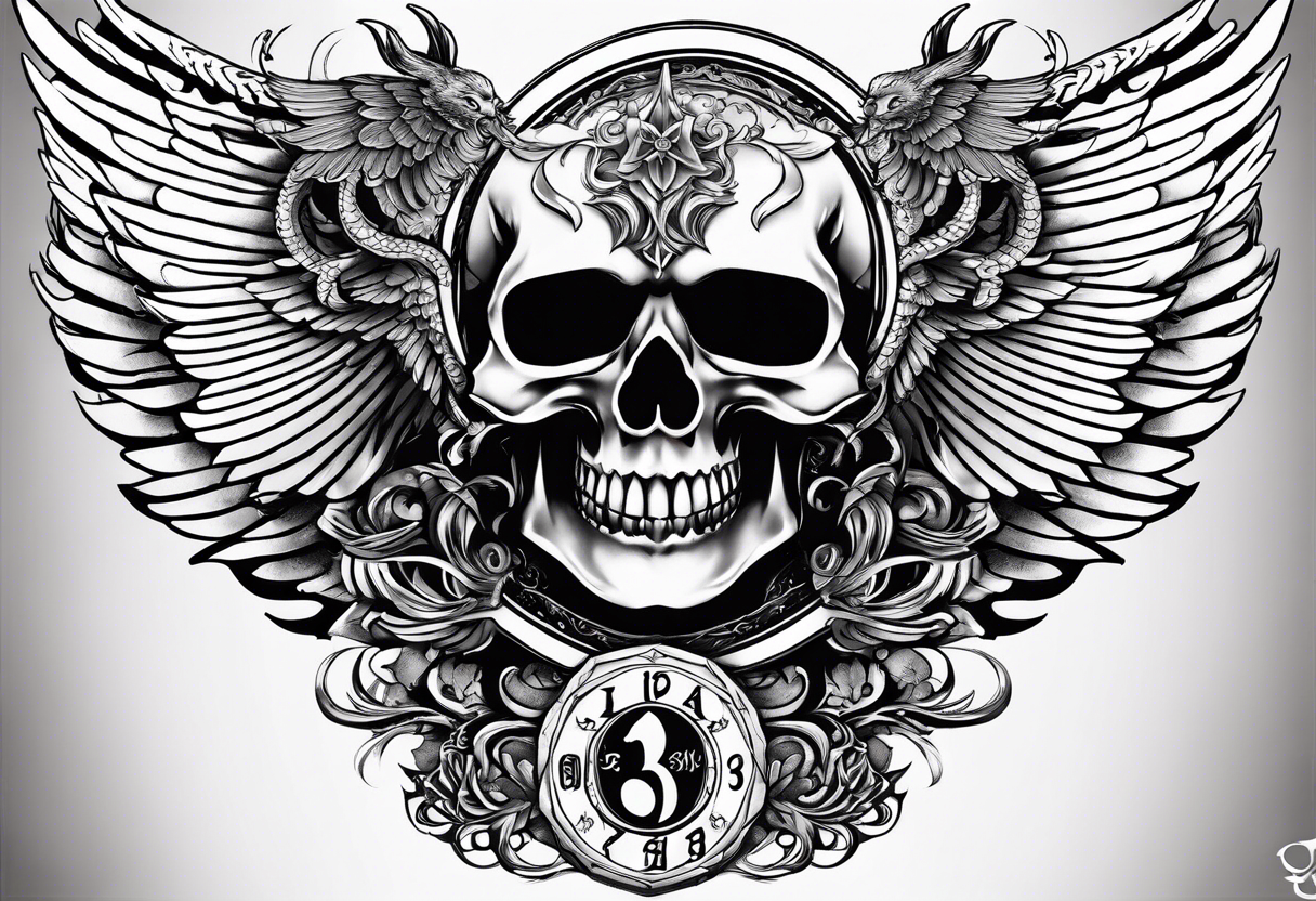 the number 13 with one angel wing and one demon wing, with the karma symbol tattoo idea