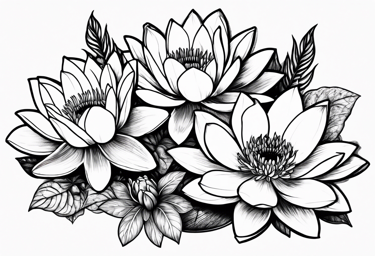 Water lilies and larkspur bouquet tattoo idea