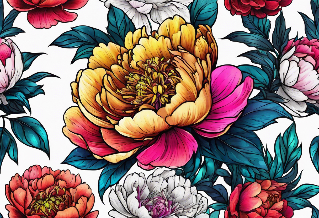 beautiful. colorful, neon, multicolored peony, white background, highly detailed, new school, new school style, street style, streetwear, urban wear, partially bloomed tattoo idea