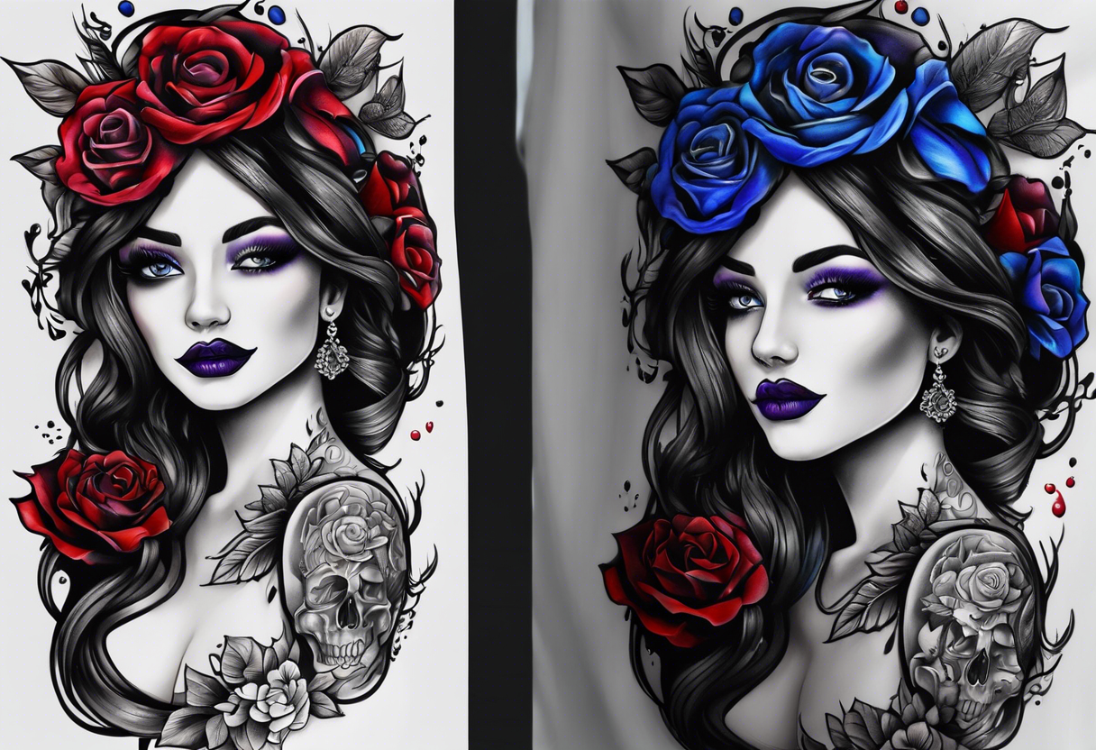 Tattoo for a bride and a groom. Wedding theme was "Even in Death". Wedding date was 4/14/2024. Colors were black and dark purple, blue, red. tattoo idea