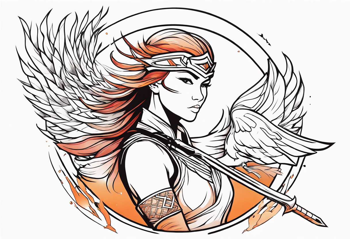 female warrior with phoenix and weapons tattoo idea