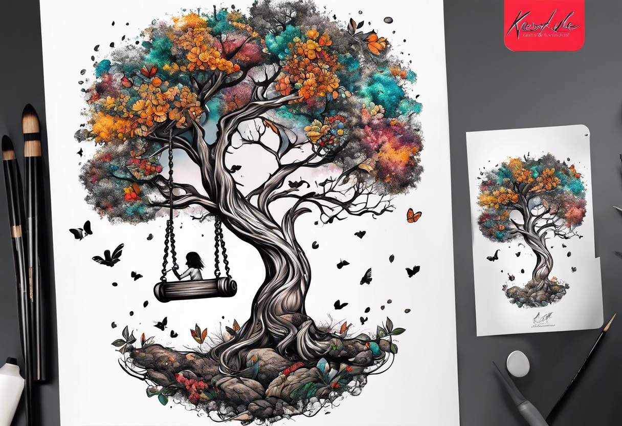 little girl swinging under a tree of life tattoo idea