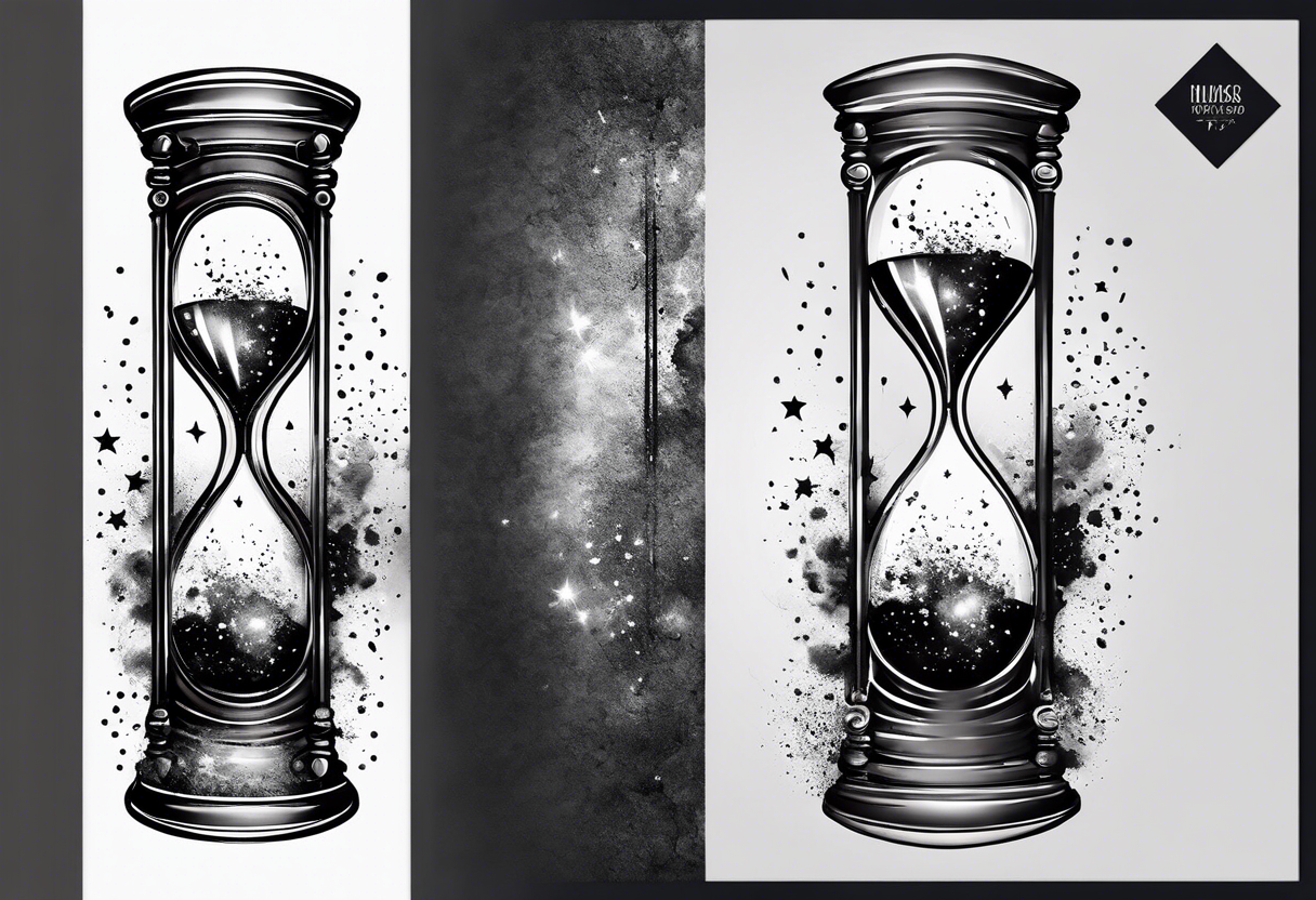 Hourglass with star stuff and cosmic dust exploding from the top and bottom of the hourglass. Long tattoo to fit on the forearm, mascuine tattoo idea