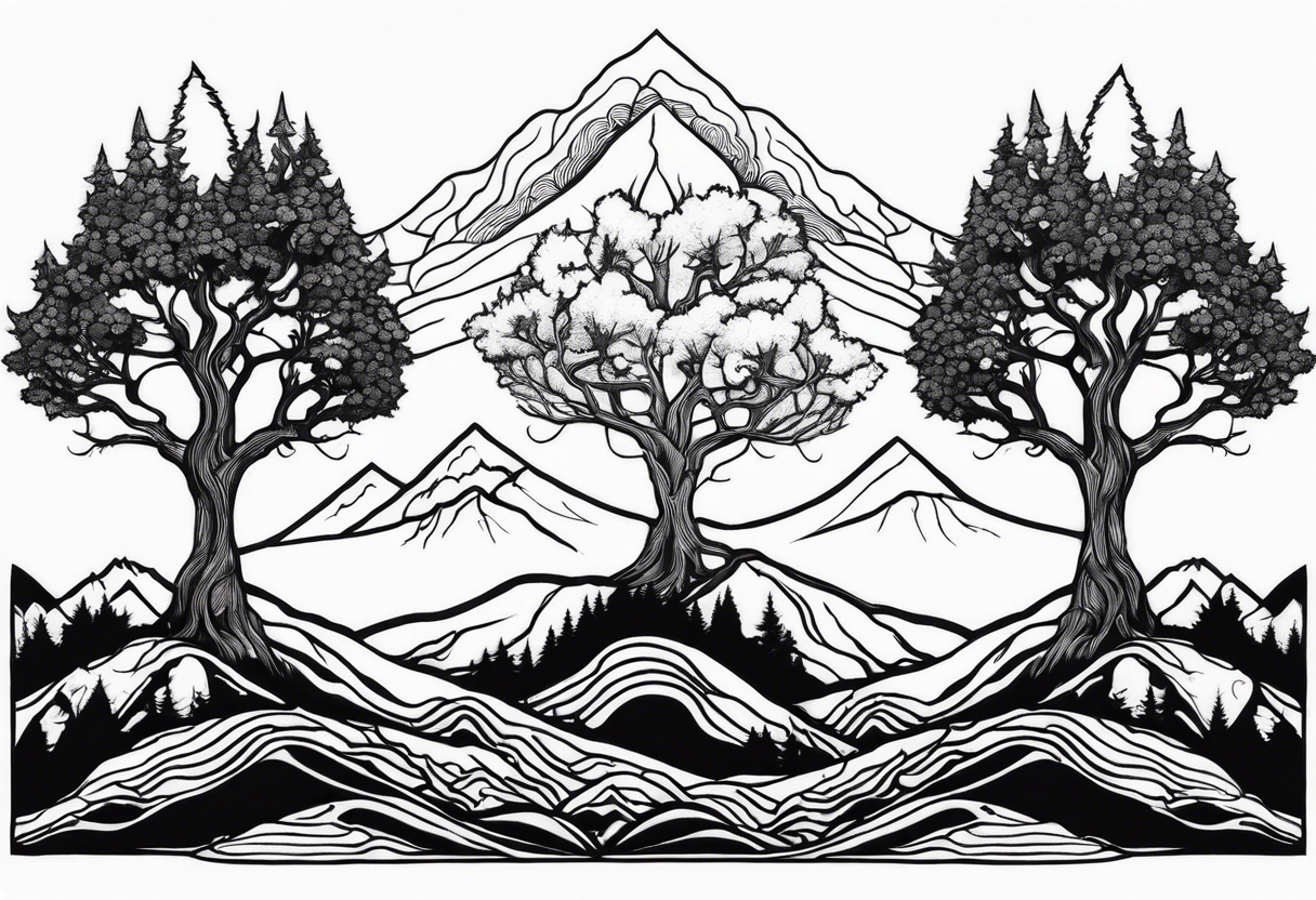 Three mountains three trees with roots tattoo idea