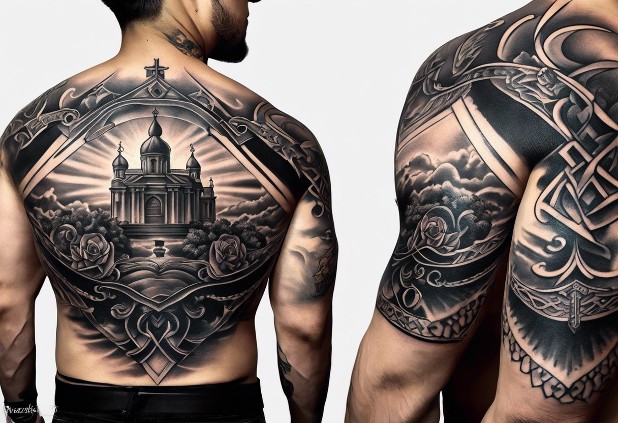 An aesthetic tattoo that is placed on the upper back of a male. It should represent catholic religion, discipline, pain, bodybuilding. tattoo idea