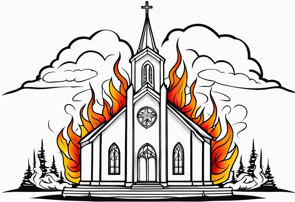 church with flames tattoo idea