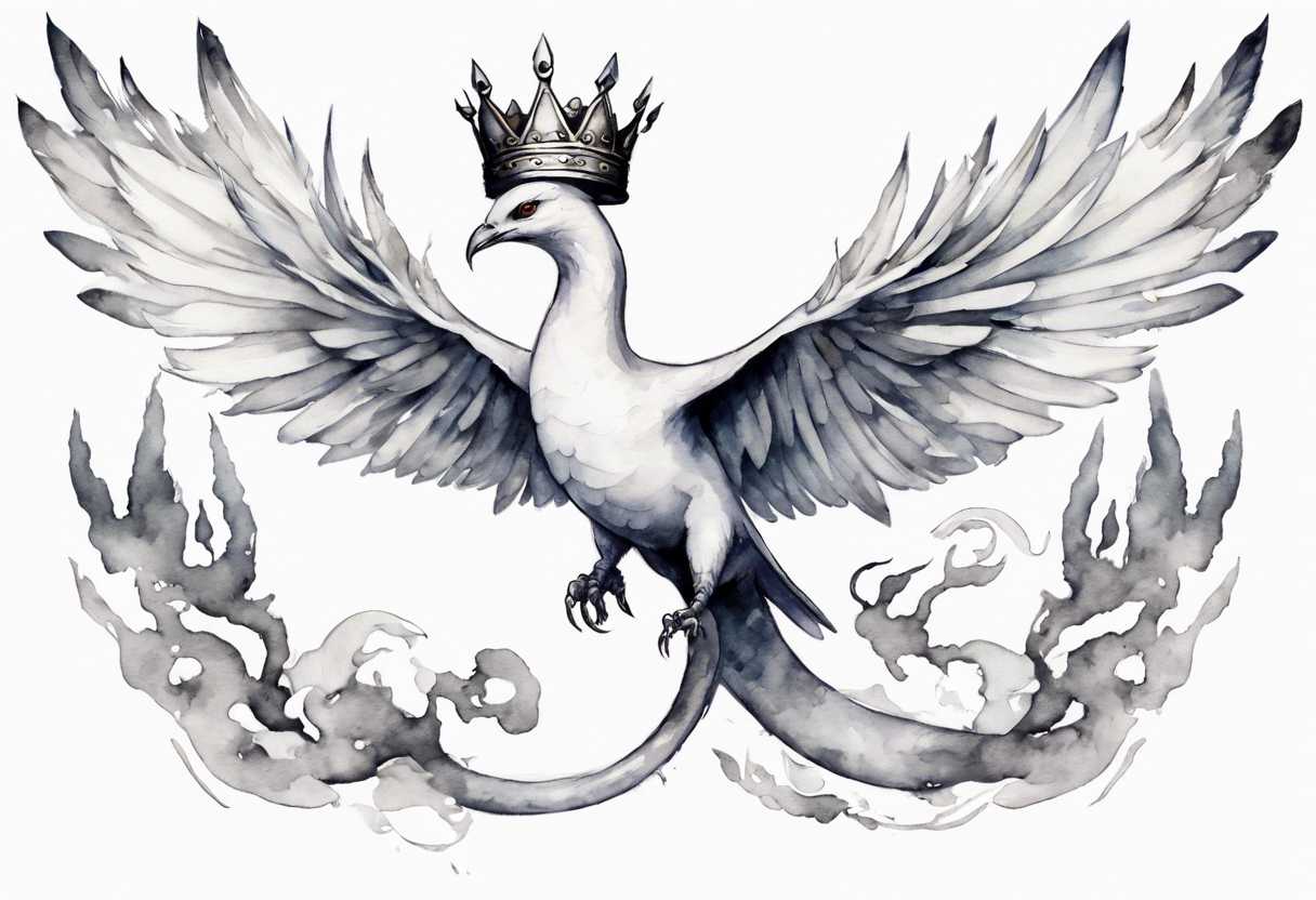 a white bird-serpent hybrid, wearing a pewter crown on its head, flying in the air tattoo idea