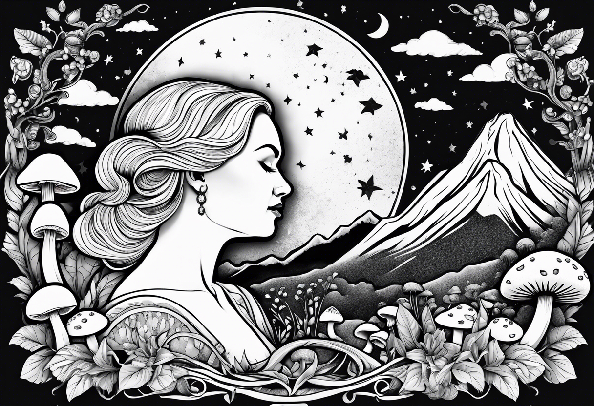 Older blonde fat woman no makeup surrounded by mushrooms mountains crescent moon background tattoo idea