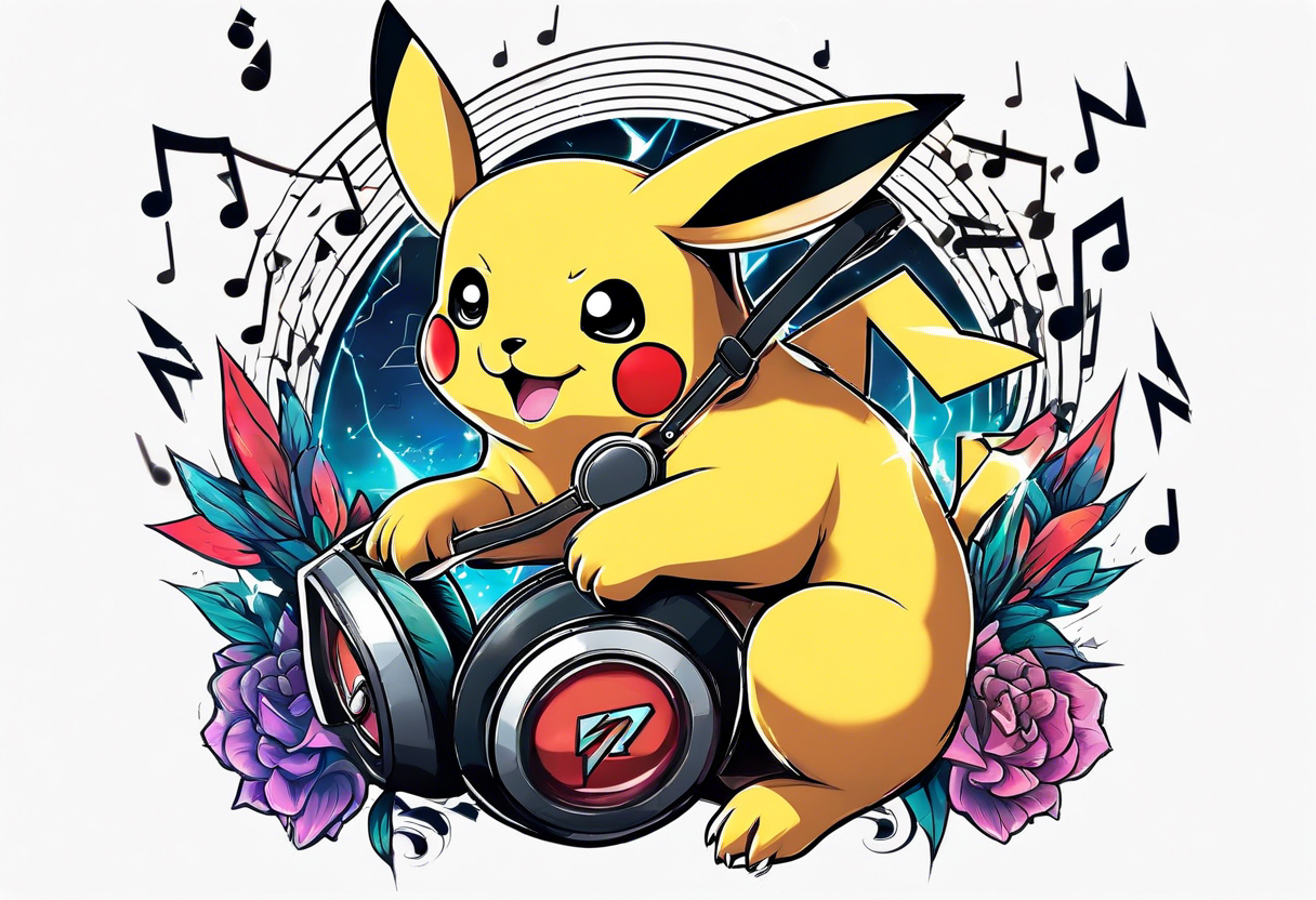 pickachu sitting with a lion listening to music with music notes and thunder bolts tattoo idea