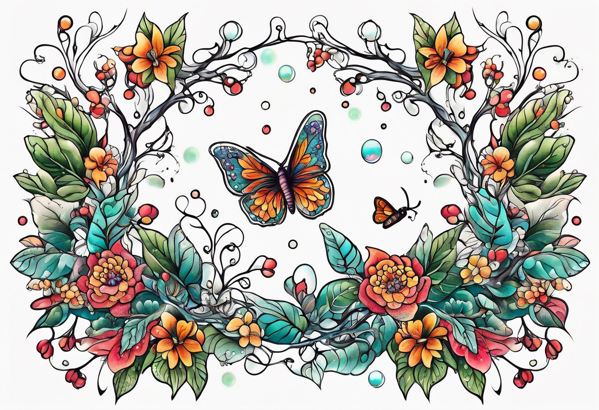 Winding branches and leaves and tiny flowers with a small moth and bubbles tattoo idea