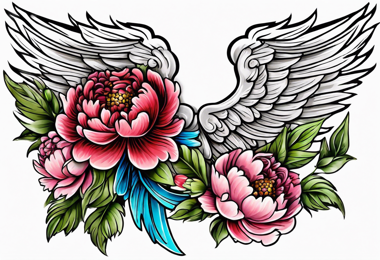 beautiful angel wings with colorful, peonies. beautiful flilligree in the background , full color, traditional old school , white background tattoo idea