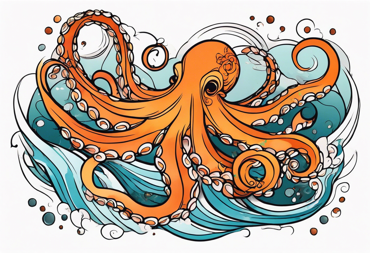 masculine abstract left thigh tattoo with a large long flowing octopus in water swirls wrapping around rocks, with a rose, in fall colors with some small leaves and fall elements tattoo idea