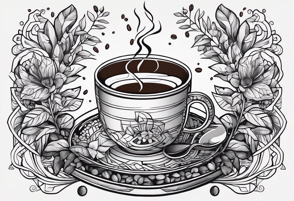 The story of coffee from plant to cup. Thin lines and geometric shapes. tattoo idea