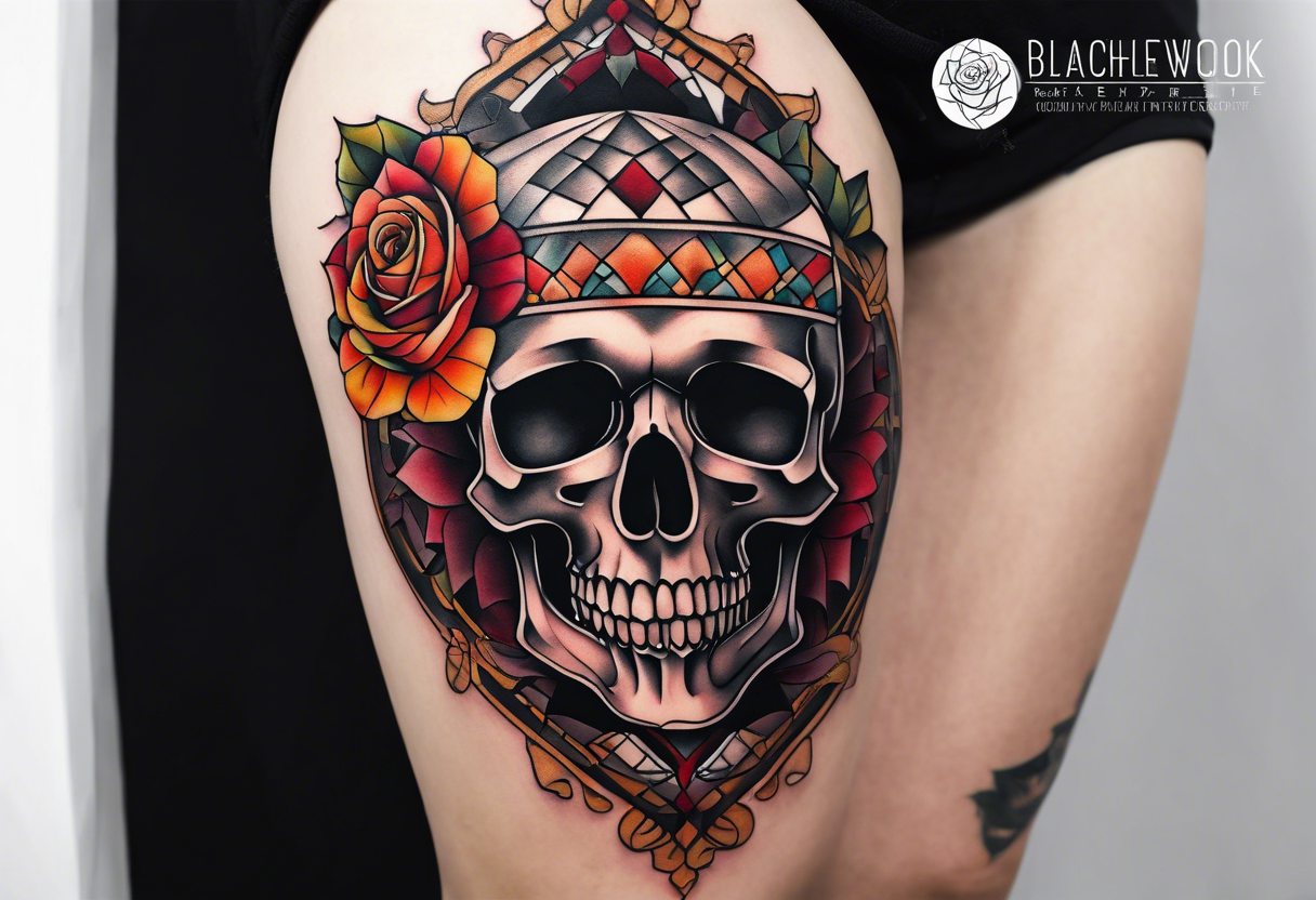 blackwork Knee tattoo in fall colors showing a large skull with a rose in the style tattoo idea