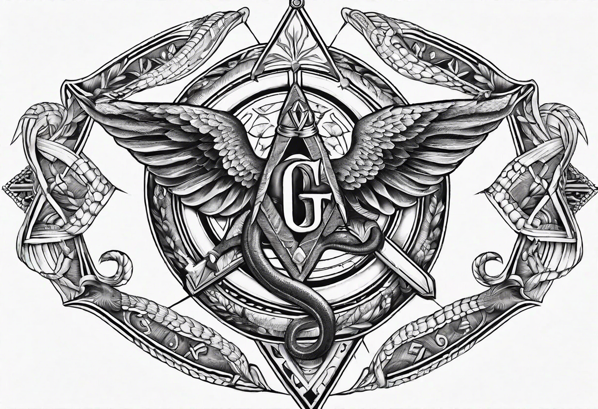 staff of caduceus square and compass freemason snakes tattoo idea