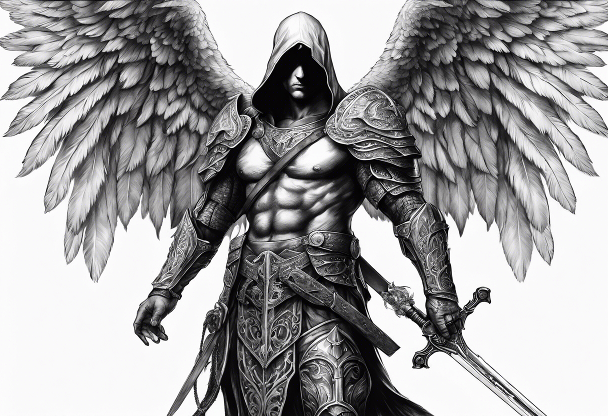 realistic full body of man angel of death, without face, with armour, holding sword in right hand tattoo idea