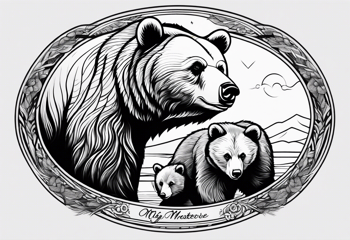 mother bear and cub enclosed in oval tattoo idea