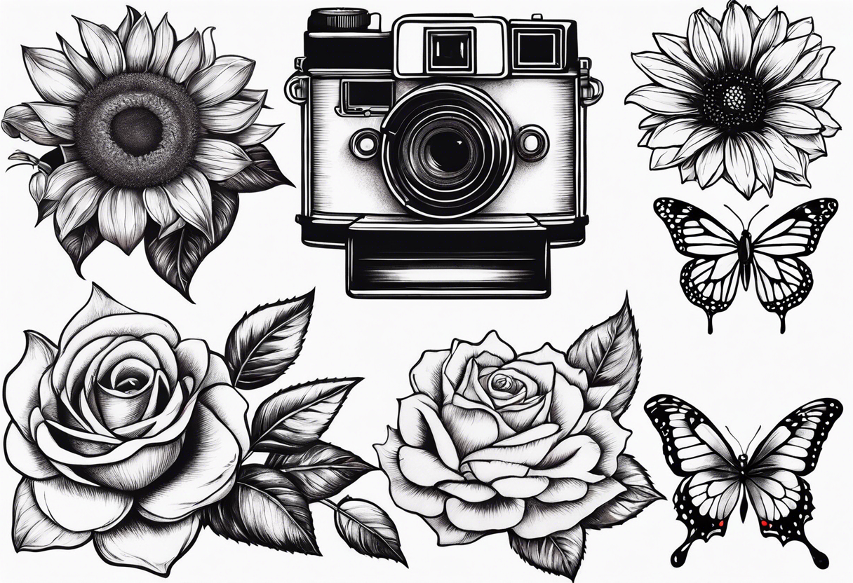 Flower : rose , sunflower, camera, small butterfly tattoo idea