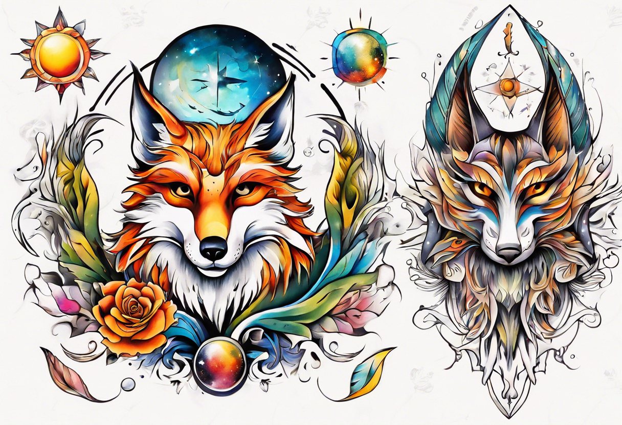 fisch, fuchs und eule , symetrie  sonne, universum, bunt, " sapere aude" tattoo idea