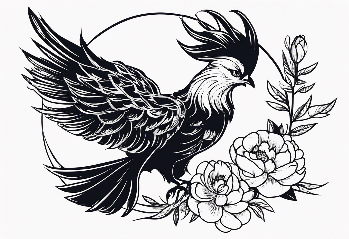 minimalist pheonix with peonies tattoo idea